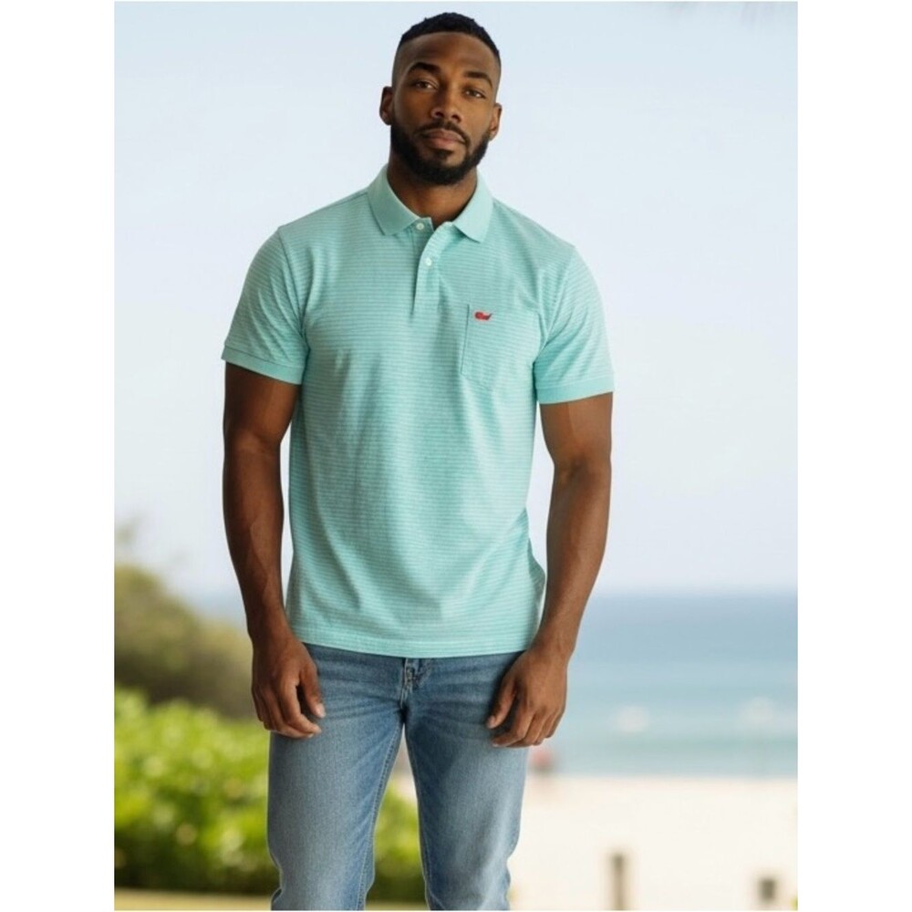 Peter Millar Men's XL Mint Green & White Striped Polo Shirt with Chest Pocket